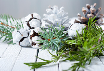 Wall Mural - Christmas decoration evergreen cones and twigs on white wooden table background