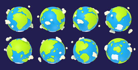 Wall Mural - earth planet cartoon 3d turnaround animation sprite sheet. isolated globe model with oceans, mainlan