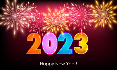 Poster - Happy New Year 2023 on festive firework background. 2023 New Year Abstract colorful  fireworks and numbers on shiny night backdrop.
Greeting card Happy New Year 2023. Holiday Vector illustration EPS10