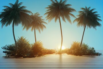 Poster - Table top podium stage stand on tropical palm tree background for product placement 3d render