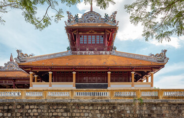 Colorful red and gold building traditional architecture of the Hue Historic Citadel complex in Hue Vietnam