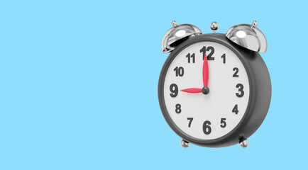 Poster - Realistic vintage alarm clock, side view. 3D rendering. Icon on blue background, space for text.