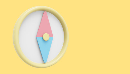 Poster - Cartoon pastel compass, navigation, direction finding. 3D rendering. Icon on yellow background, space for text.