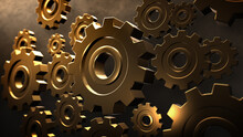 Engine Gears Wheels Slowly Rotating Dark Metallic Gears. Iron Clockwork Machinery In Motion. Industrial Metallic Construction. Symbol Of Teamwork. Perfect For Business Related Purposes. 3d Rendering