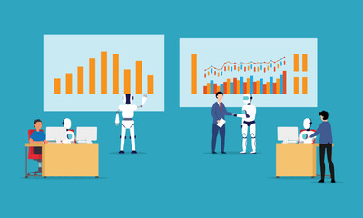 Robot Office Workers - Robots and human working together 2d vector illustration concept for banner, website, illustration, landing page, flyer, etc