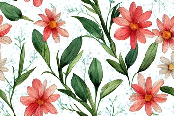 Sticker - Beautiful seamless floral pattern with watercolor hand drawn gentle summer flowers. Stock illustration. Natural artwork.