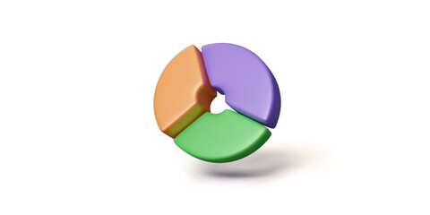 Poster - 3d donut chart isolated on white. pie diagram icon. green, orange and purple colors graph.