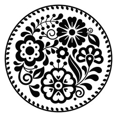 Poster - Mexican folk art style vector round floral pattern in frame, nature black and white mandala composition inspired by traditional embroidery designs from Mexico
 