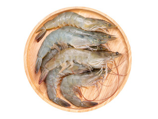 Wall Mural - Banana prawn on wooden plate white background, White shrimp on white with clipping path.