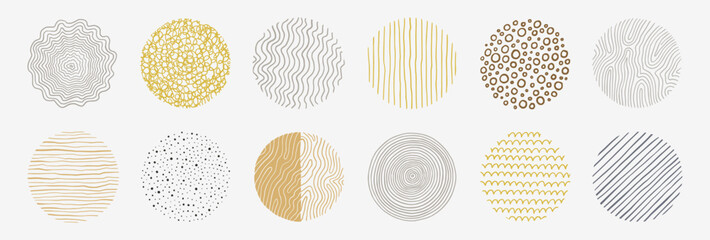 Wall Mural - Abstract line pattern circle set. Hand drawn texture, doodle decorative line, spiral, scribble graphic round element. Circle drawn brush grunge texture. Vector illustration