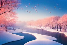 Japan Winter Nature. Wildlife Scene, Snowy Nature. Bridge Cranes. Otowa Winter Japan With Snow. Birds In River With Fog. Hokkaido, Cold Japan. Red Crowned Cranes In The Water.