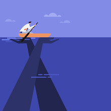 Conceptual Illustration Of A Businessman Rowing A Boat Supported By Huge Hands Inside The Water