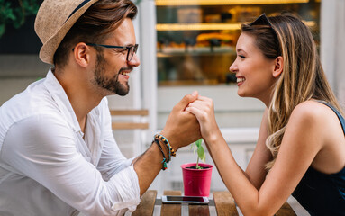 Wall Mural - Portrait of happy couple having date and fun on vacation. People travel happiness concept.