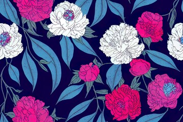 Sticker - Ethnic, abstract, pattern with a bouquet of blue flowers on a dark background. Peonies, roses, sweet peas, bells. For fabric or wallpaper