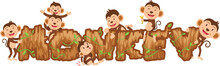 Group Of Monkeys Having Fun With Letter Wood Isolated Vector Illustration