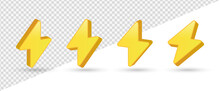 3d Flash Lightning Bolt Icon With Thunderbolt, Flash Thunder Power Icon - Electric Power Icon Symbol - Power Energy Icon Sign - 3d Yellow Thunder And Bolt Lighting Flash, 3d Rendering, 3d Illustration