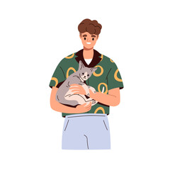 Wall Mural - Man holding cute cat in hands. Happy pet owner with adorable funny kitty in arms. Person caring about lovely sweet feline animal, kitten. Flat vector illustration isolated on white background