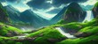 Cascade of the waterfall flows down from the slope of the mountains. Mountain rivers flow among green lawns and mountain peaks. Fantasy waterfall panorama. 3d illustration