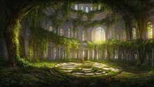 Abandoned Palace Castle Overgrown With Vegetation, Ivy And Vines. Empty Atrium Halls, No One Around. Building Is Captured By Nature And Vegetation. 3d Illustration