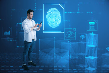 Poster - Attractive young european bussinessman using cellphone with abstract glowing fingerprint hologram on blurry blue background. Personal security concept.