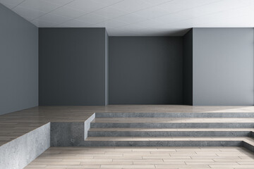 Poster - Modern free form concrete geometric interior with stairs, wooden flooring and mock up place on wall. Architectural space concept. 3D Rendering.