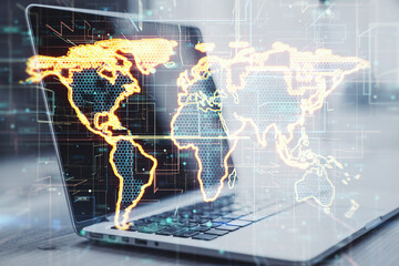 Aufkleber - Global innovation concept with digital technological hexagon world map on laptop background, double exposure