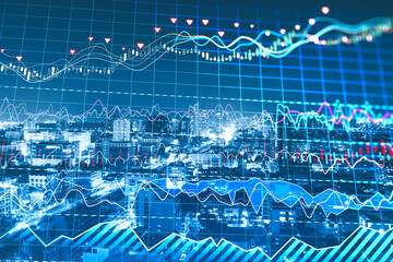 Aufkleber - Candle stick grid graph chart of stock market investment trading. Bullish point, Bearish point and financial growth concept. Blurry night city backdrop. Double exposure.