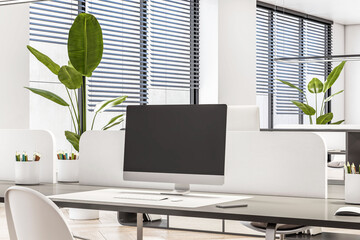 Aufkleber - Perspective view on blank black monitor on dark table with white partition in sunlit coworking office. 3D rendering, mock up
