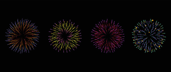 Wall Mural - set of new year firework vector illustration. realistic collection of bright glow fireworks on black