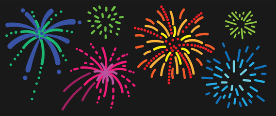 Wall Mural - set of new year firework vector illustration. collection of glow vibrant colorful fireworks on black