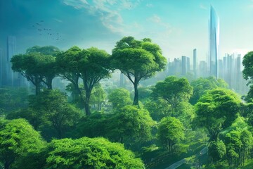 Wall Mural - spectacular eco futuristic cityscape full with greenery, skyscrapers, parks, and other manmade green