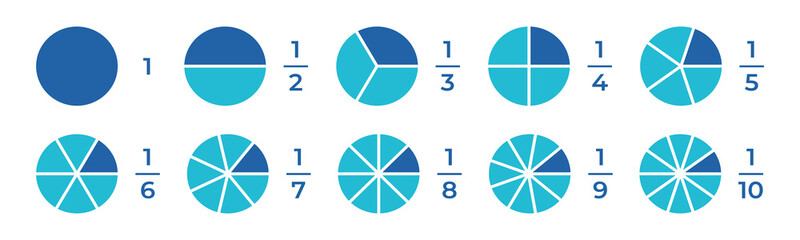vector illustration of fraction pie isolated on white background. set of fractions icons. math and g