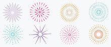 Set Of New Year Festive Firework Vector Illustration. Collection Of Vibrant Colorful Fireworks On White Background. Art Design Suitable For Decoration, Print, Poster, Banner, Wallpaper, Card, Cover.