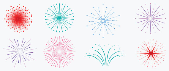 Wall Mural - set of new year festive firework vector illustration. collection of vibrant colorful fireworks on wh