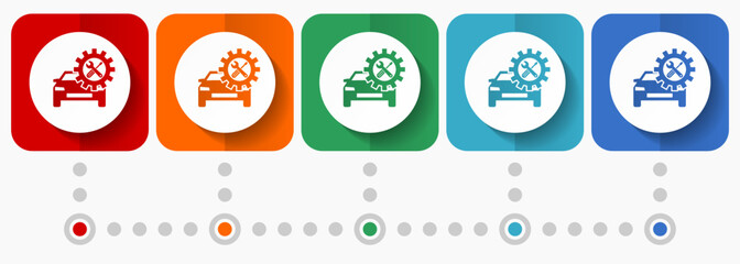 Fototapete - Car repair vector icons, infographic template, set of flat design symbols in 5 color options