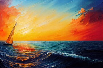 Poster - Colorful oil painting on canvas texture. Impressionism image of seascape paintings with sun background. Modern art oil paintings with boat, sail on sea. Abstract contemporary art for background