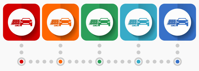 Fototapete - Electric car and solar panel, clean energy, power vector icons, infographic template, set of flat design symbols in 5 color options