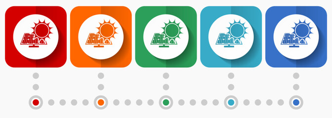 Fototapete - Sun over solar panel vector icons, infographic template, set of flat design symbols in 5 color options