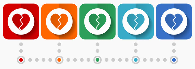 Aufkleber - Broken heart vector icons, infographic template, set of flat design symbols in 5 color options