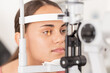 Healthcare, eyes and woman eye test at a clinic for vision, health and eyesight on a slit lamp examination. Face, eye care and girl consulting optometrist for sight, wellness and glaucoma testing
