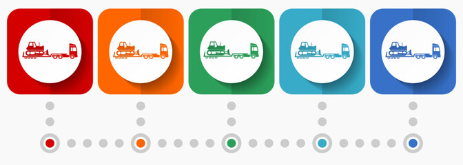 Fototapete - Truck with bulldozer on tow trailer, long vehicle vector icons, infographic template, set of flat design symbols in 5 color options