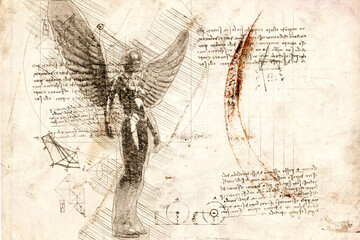 3d illustration - woman angel with wings drawing in style of Leonardo Da Vinci