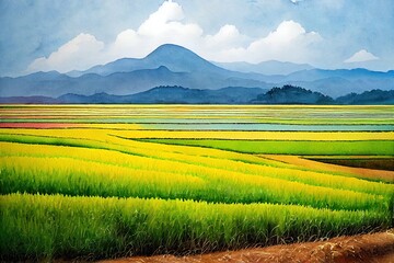 Sticker - Watercolor landscape original paintings on paper colorful of rice field, farmer farm tractor with mountain and sky, cloud background. Hand painted beautiful nature spring season in Thailand.