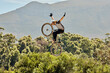 © Delcio F/peopleimages.com - Mountain bike, nature and sports man jump in air with outdoor adventure, journey and training in bush or forest mock up for marketing. Risk, danger and sport bicycle person in sky freedom and fitness