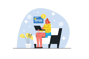 Aufkleber - Online banking blue concept with people scene in the flat cartoon design. Girl pays for all purchases through a laptop using online banking. Vector illustration.