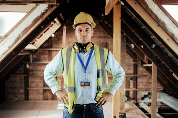 Aufkleber - Portrait, construction man and leader for building project, with pride and confident with work and architecture. Male architect, leadership and management for maintenance, contractor and with hardhat