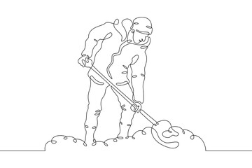 Poster - One continuous line. A man removes snow with a shovel. Snow removal in winter.One continuous line on a white background.