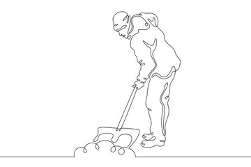 Poster - One continuous line. A man removes snow with a shovel. Snow removal in winter.One continuous line on a white background.