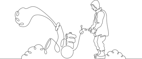 Poster - One continuous line. A man removes snow with a snow blower. Snow removal in winter.One continuous line on a white background.
