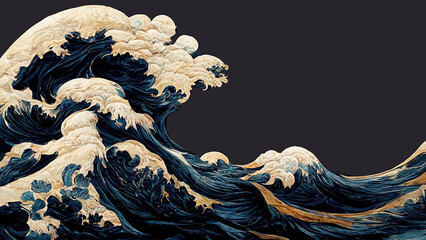 Wall Mural - great blue ocean wave as japanese vintage style illustration